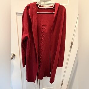 Maroon Hooded Cardigan Sweater L Lace-Up Back Long Sleeve Open Front Duster